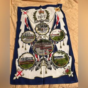 Vintage 1977 Queen’s Silver Jubilee Tea Towel – Blue Cotton British Royal